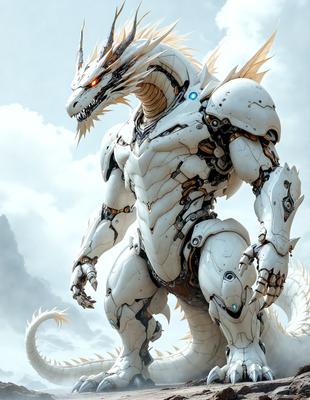 Primary subject: A white dragon with a gold and white body, standing on a cloudy sky.

Setting/background: The dragon is standing on a cloudy sky, with a mountain in the background.

Visual style: The image is a digital art or illustration, featuring a detailed and intricate dragon design.

Colors and mood: The dragon has a gold and white body, and the overall atmosphere is serene and majestic.